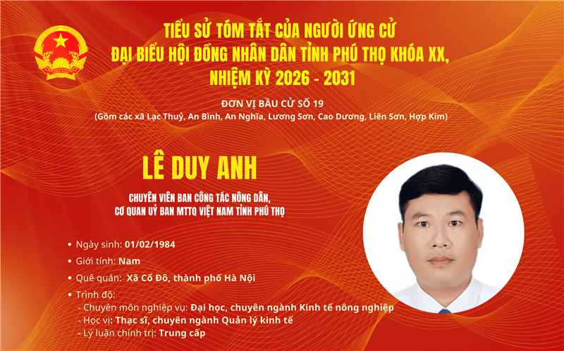 Infographic: Tiểu sử đồng chí Lê Duy Anh – Ban Công tác Nông dân, Cơ quan UB MTTQ Việt Nam tỉnh ứng cử Đại biểu Hội đồng nhân dân tỉnh Phú Thọ khóa XX, nhiệm kỳ 2026-2031